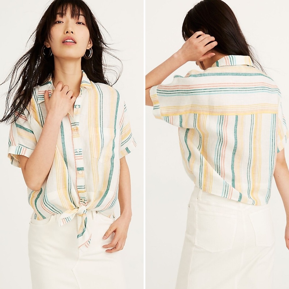 Madewell Pineapple Stripe Linen Short Sleeve Button Up Tie Front Top New Large